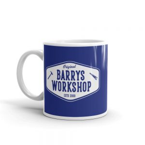 Barry’s Workshop Mug – White Logo on Blue